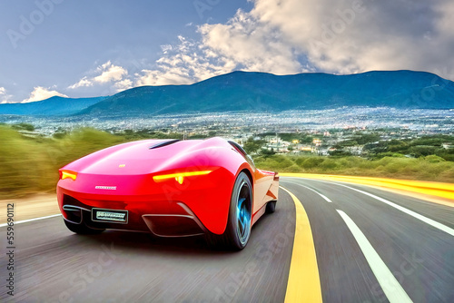 Rear view of a red unreal sports car driving on the highway towards a city in the distance  made with generative AI