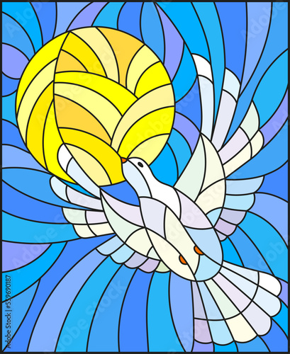 An illustration in the style of a stained glass window with a flying pigeon against the background of the sun and blue sky