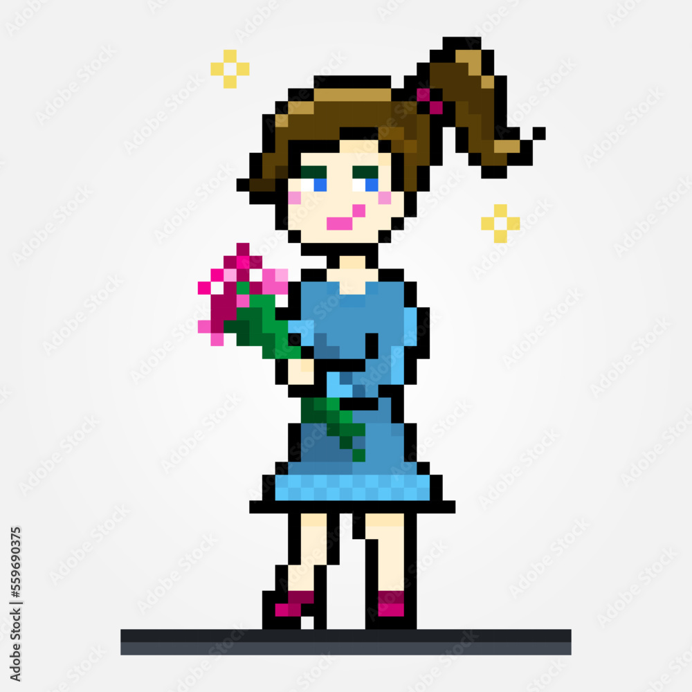 Pixel female character holding flowers, Womans day Pixel female character holding flowers, Womans day