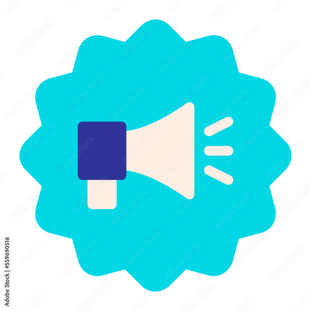 Isolated megaphone badge in flat icon on white background. Advertising, bullhorn, promotion, marketing