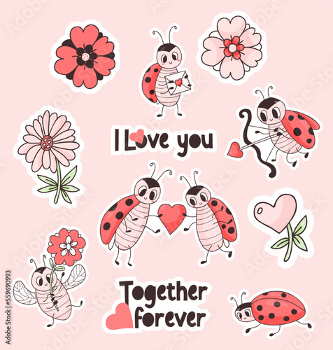 Collection stickers ladybug and love. Cute insect ladybird with flower and letter, couple in love with heart and cupid beetle with an arrow. Vector isolated drawings for design, valentine, print