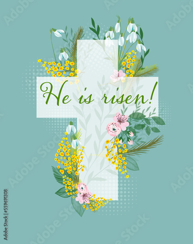 He is risen . Symbol for congratulations on the Resurrection of Christ. Vector illustration