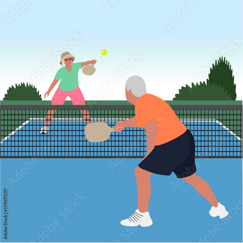 Playing tennis and pickleball. Tennis court. Adults play pickleball outdoors. Vector illustration of pensioners playing pickleball. Leisure in retirement.