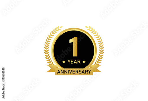 1 year anniversary celebration. Anniversary logo with ring and elegant golden color isolated on white background, vector design for celebration.