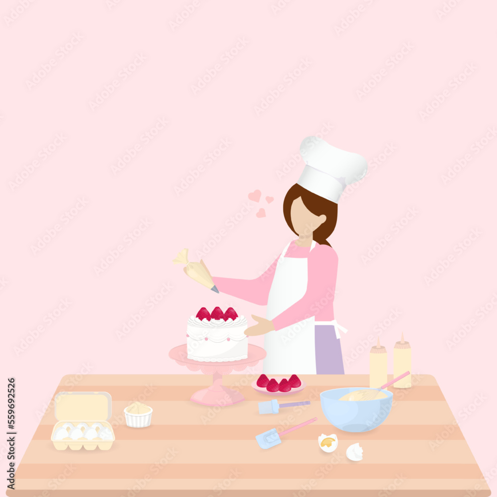 Women decorate cake on the table Women decorate cake on the table