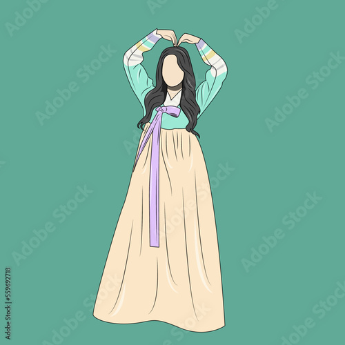 vector illustration of a beautiful woman wearing traditional Korean clothes, with the symbol of love or Saranghae