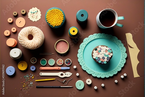 a table with a cup of coffee  a plate with a heart  a crochet hook  a pair of scissors  a pair of scissors  a pair of scissors  a button  a button  and a pair of scissors.