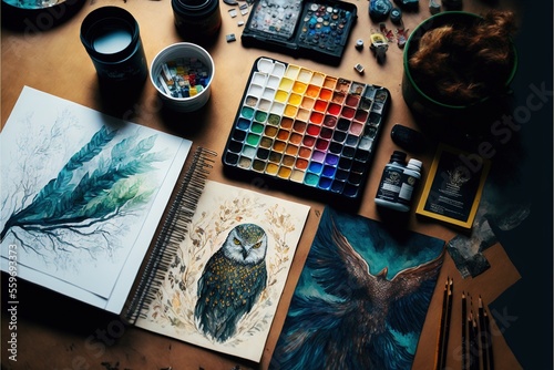 a table with a variety of art supplies and a bird on it's back side, including a watercolor palette, a brush, a palette, and a cup of watercolors.
