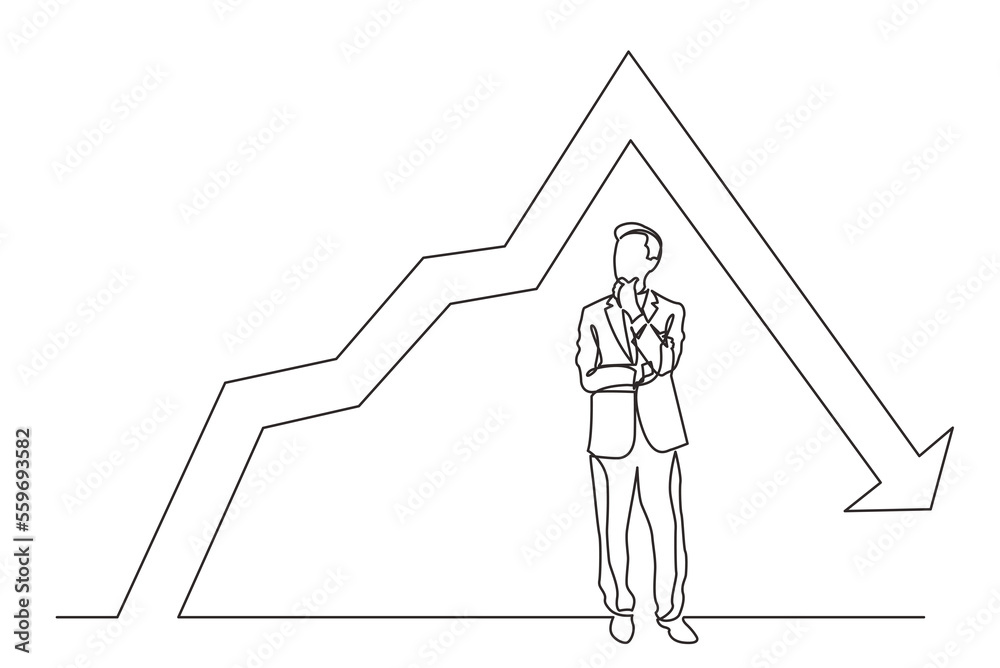 continuous line drawing standing thinking businessman with declining ...