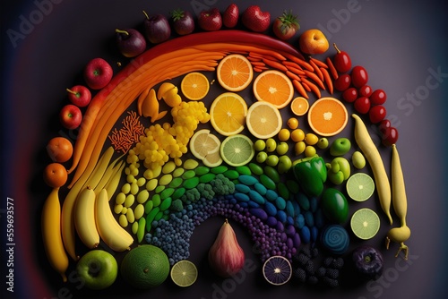 a rainbow of fruits and vegetables arranged in a circle on a purple background with a rainbow of colors in the middle of the image and a rainbow of the fruit and vegetables on the top.