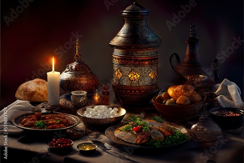 Celebration of ramadan with a wonderful table full of meals and drinks arabic muslim culture photo