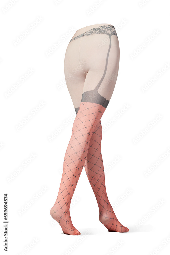 Detailed shot of white tights with a lingerie print imitating coarse mesh stockings with a belt. The pantyhose have a shape of walking women's legs. The clothes are isolated on a white background. Detailed shot of white tights with a lingerie print imitating coarse mesh stockings with a belt. The pantyhose have a shape of walking women's legs. The clothes are isolated on a white background.