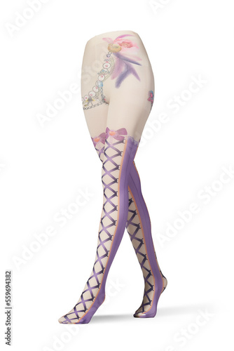 Detailed shot of white tights with a color print imitating laced stockings with a belt. The pantyhose have a shape of walking women's legs. The woman clothes are isolated on a white background. photo