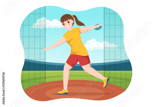 Discus Throw Playing Athletics Illustration with Throwing a Wooden Plate in Sports Championship Flat Cartoon Hand Drawn Templates