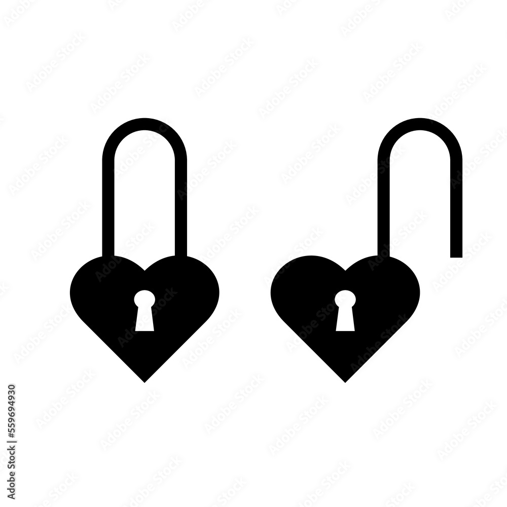 Image of a black door lock open and closed in the shape of a heart and a white keyhole. love symbol