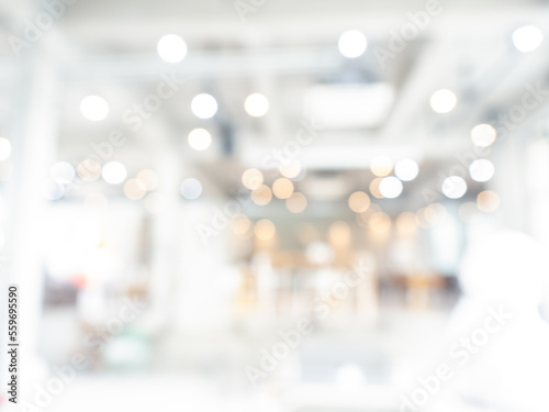 Fényképezés Abstract blurred modern workspace hall background, white indoor interior office or working space with window and the ceiling light bikeh