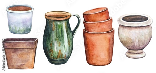 Collection of vintage flower pots, watercolor