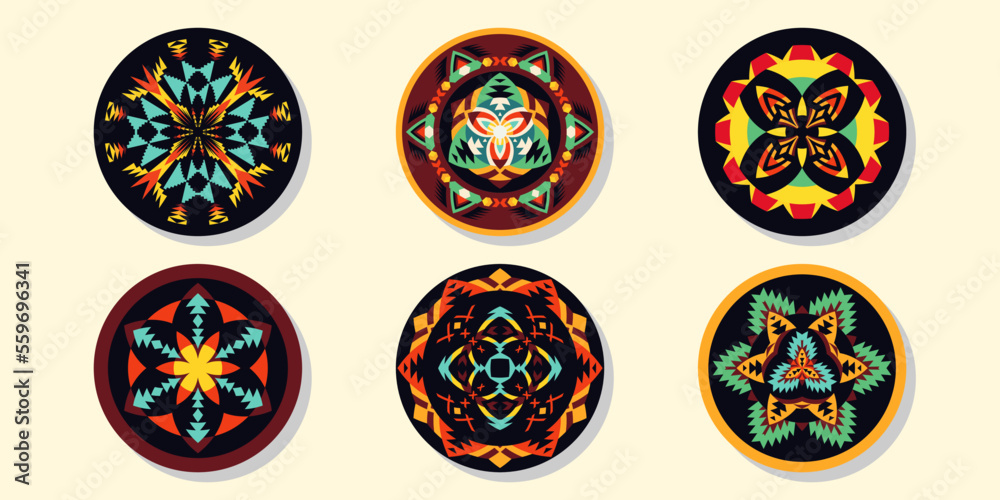 Set of Ethnic decorative elements. Round ornament patterns. Tribal rugs with geometric design. Set of Ethnic decorative elements. Round ornament patterns. Tribal rugs with geometric design.