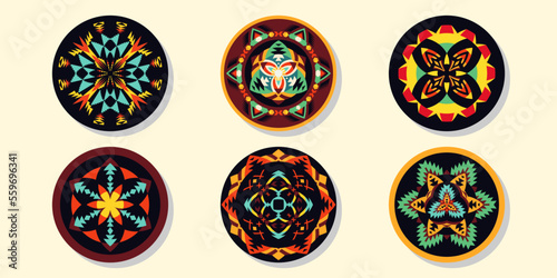 Set of Ethnic decorative elements. Round ornament patterns. Tribal rugs with geometric design.