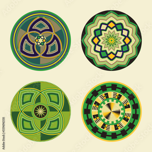 Set of African decorative elements. Round ornament pattern. Collection of mandalas in tribal style. Design baskets from Botswana.