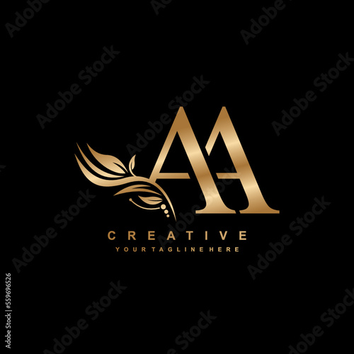 gold letter AA logo design with luxurious and beautiful leaf ornament. AA Monogram. AA typography. gold feather logo. initial letter AA logo