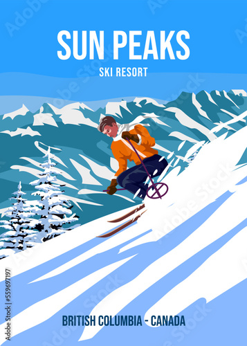 Travel poster Ski Sun Peaks resort vintage. Canada winter landscape travel card photo