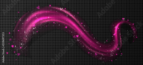 Abstract pink swirl with heart shape leaves and shimmering sparkles. Realistic vector illustration of romantic air vortex, curve line, light effect png isolated on transparent background. Love symbol