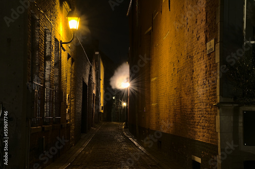 Small ciobble stone alley with street lanterns at night in  Patershol historic neighborhood in the city of Ghent  Flanders  Belgium
