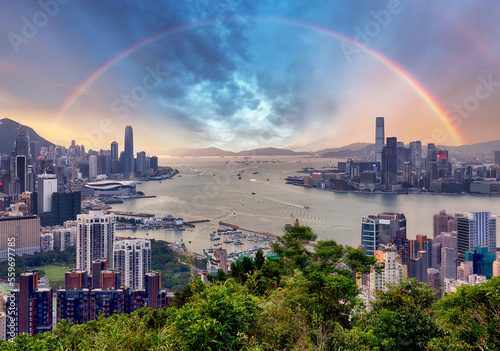 Photography China - Hong Kong panorama at sunset with rainbow