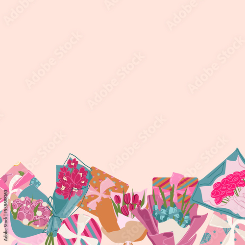 Background with bouquets of flowers, Valentines Day, Women s Day, Mother s Day design in flat style. Festive background, banner, greeting card, and flyer. Vector illustration.