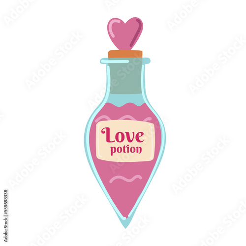 love potion. Rpg fantasy magic spell heart elixir. Chemistry glass bulb, pink liquid. Witch alchemy bottle, love vial. Aphrodisiac flask. Love formula. Marriage love potion. Vector illustration.