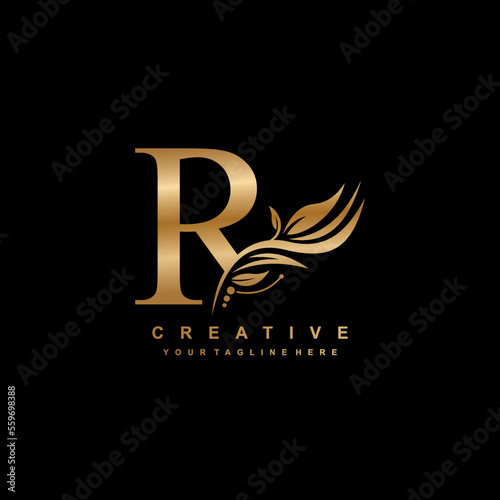 gold letter R logo design with luxurious and beautiful leaf ornament. R Monogram. R typography. gold feather logo. initial letter R logo