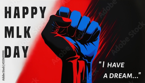 red white and blue celebration banner Martin Luther King Jr. MLK Day, protest fist