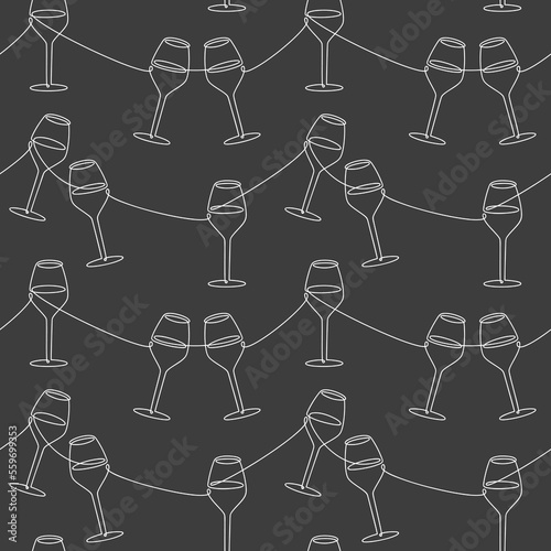 Monochrome wine glass icon seamless vector pattern. One line continuous hand drawn illustration. Wallpaper, graphic background, fabric, print, wrapping paper or package design.