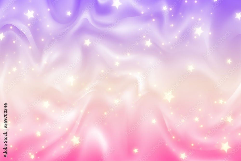 Fototapeta premium Rainbow unicorn background. Pastel wavy gradient color sky with glitter. Magic fluid galaxy space and stars. Vector abstract illustration.