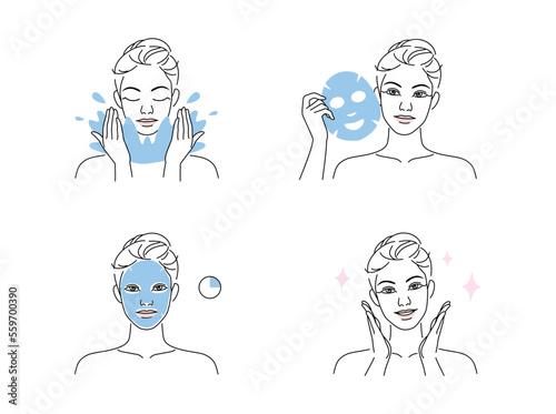 Beautiful young woman take skin care about her face and facial sheet mask procedure at home. Linear logo minimalist style.  