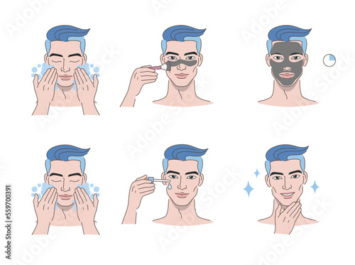 Beautiful young man take skin care about his face procedure at home. Beauty face care concept. Vector design illustration.
