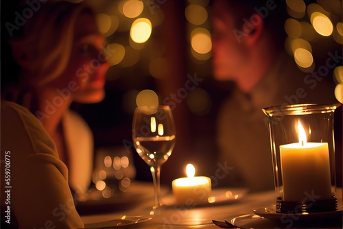 Romantic dinner, Couple celebration with champagne, candle light on table (Ai generated)