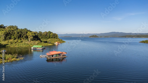 Aerial view of landscape Reservoir and raft house Thailand