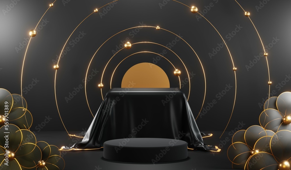 3D rendering of backdrop black podium background for black friday products 3D rendering of backdrop black podium background for black friday products