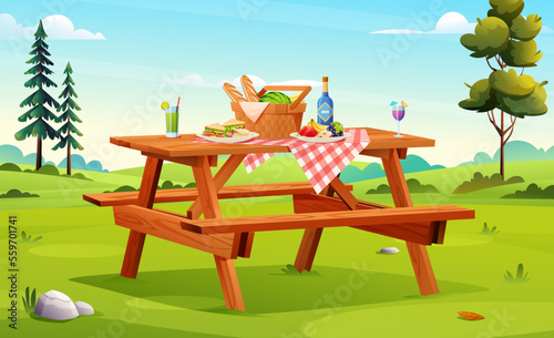 Picnic setup composed of basket with food, fruits, sandwiches on the table vector illustration