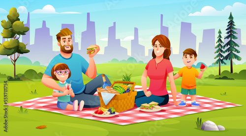 Happy family having a picnic in the park. Dad, mom, son, and daughter are resting together in nature vector illustration