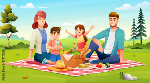 Happy family having a picnic in the park. Dad, mom, son, daughter are resting together in nature vector illustration