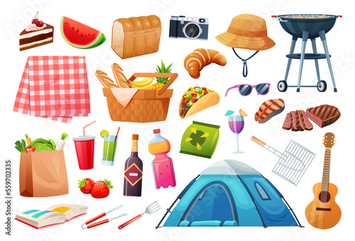 Set of picnic elements illustration. Basket with food, beverage, fruits, grilling equipment vector