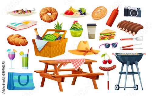 Picnic elements set. Basket with food, beverage, fruits, grilling equipment vector illustration