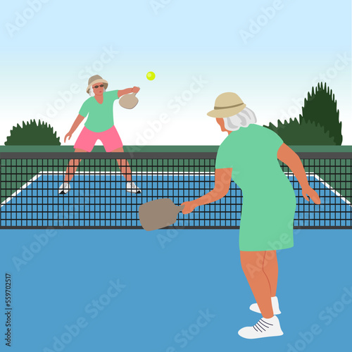 Adults play pickleball outdoors. Vector illustration of pensioners playing pickleball. Leisure in retirement.