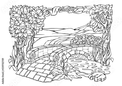 Romantic Secret Garden. Coloring Pages. Anti-stress colouring page. Vector.
