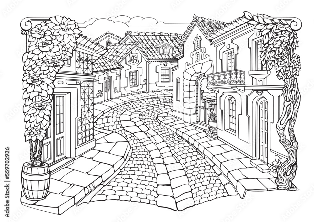 Romantic old town. Coloring Pages. Anti-stress colouring page. Vector.