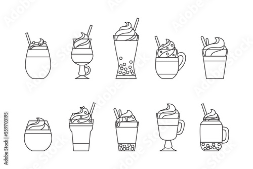 Set of hand-drawn icons with different types of coffee isolated on white background. Doodle style outline vector elements for sticker, logo, or menu. Coffee based beverages with toppings.