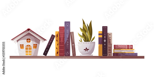 Bookshelve with books, decorative house, potted plant. Bookstore, bookshop, book lover concept. Isolated Vector illustration.